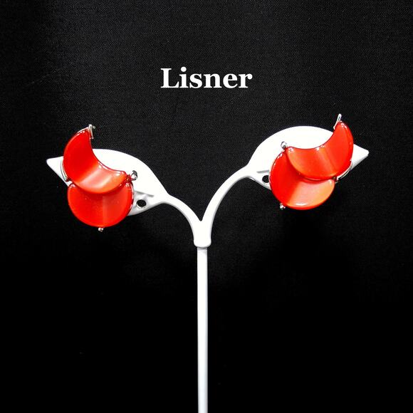 Vintage Lisner Red Screw-Back Earrings, Moonglow Silver Tone, 1950s - Picture 10 of 10